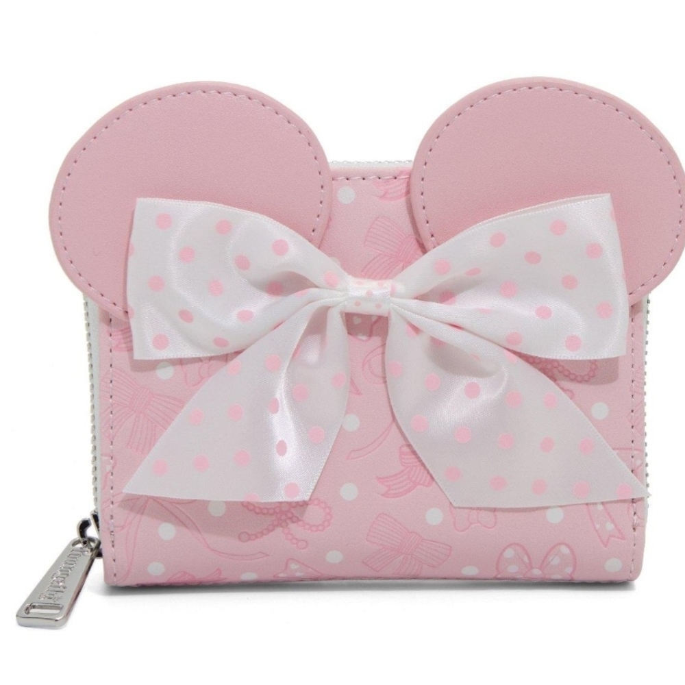 Pink And White Pika Dots With Debossed Bows Minnie-Ears Zip  Wallet